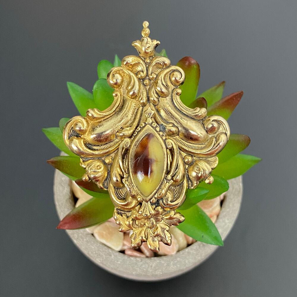 Vintage Gold Tone Baroque Filigree Shield Brooch Pin Victorian Revival Marquise